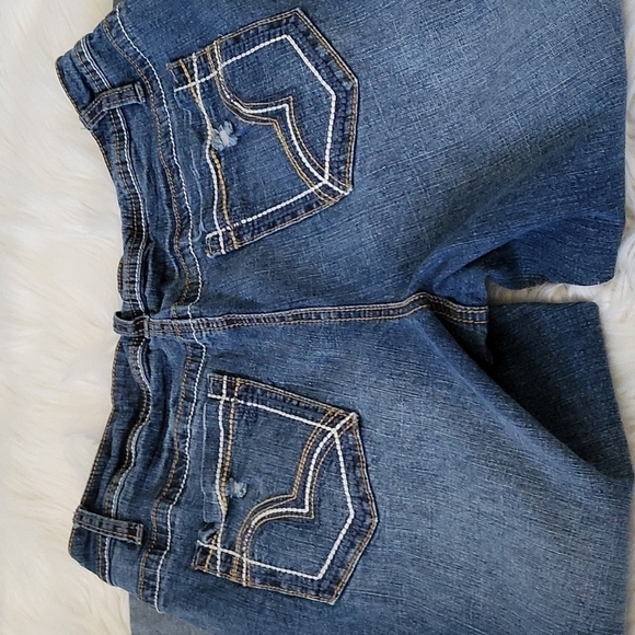 Cato medium wash factory distressed wide faux cuff denim capris - Picture 10 of 15